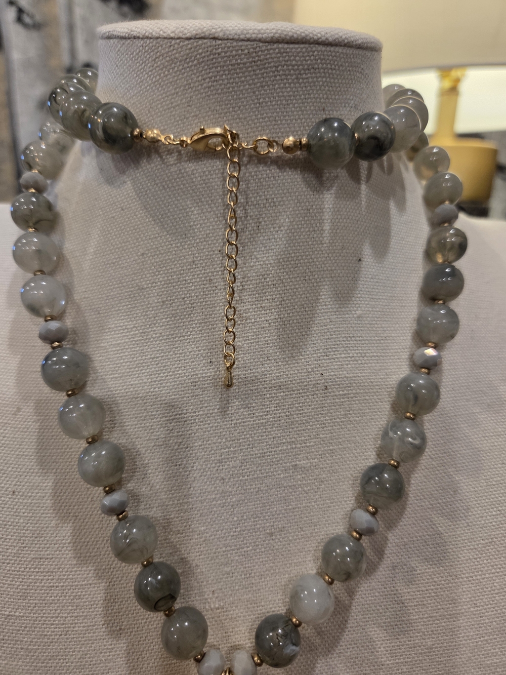 Gray Faux Agate Bead Necklace with Gold Accents